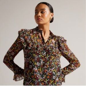Ted Baker black floral print with ruffles: size 8